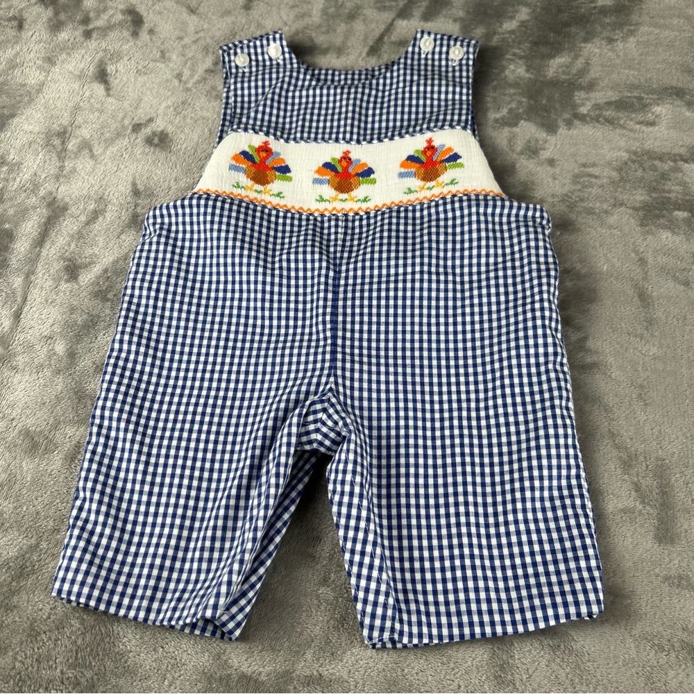 Anavini Hand Smocked Romper Baby 3 Months Blue Gingham Check Embroidered Turkeys